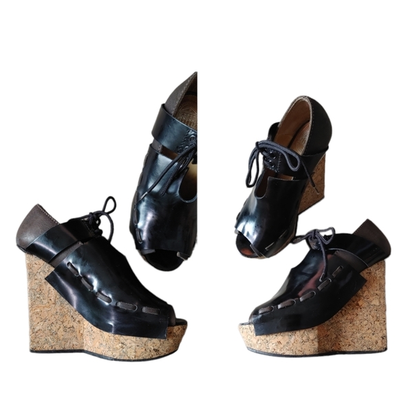 Acne Studios Black Brown Leather Wedge Cork Open Toe Heels - Picture 16 of 17